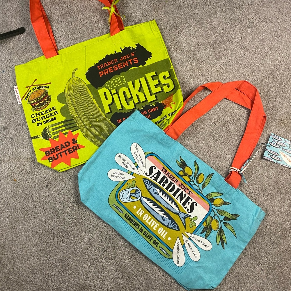 Trader Joe’s Green Pickle Tote Canvas Bag Sardine bundle lot